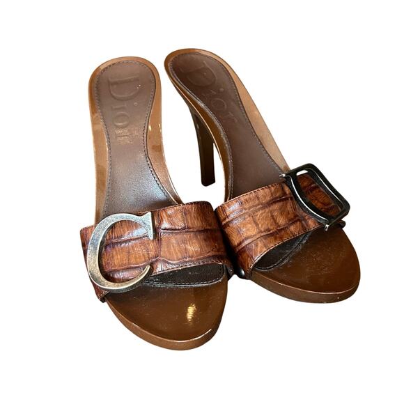 Vintage Dior C D Mule Heels Brown Croc Leather Buckle Sandals Size 36.5 - Picture 1 of 10